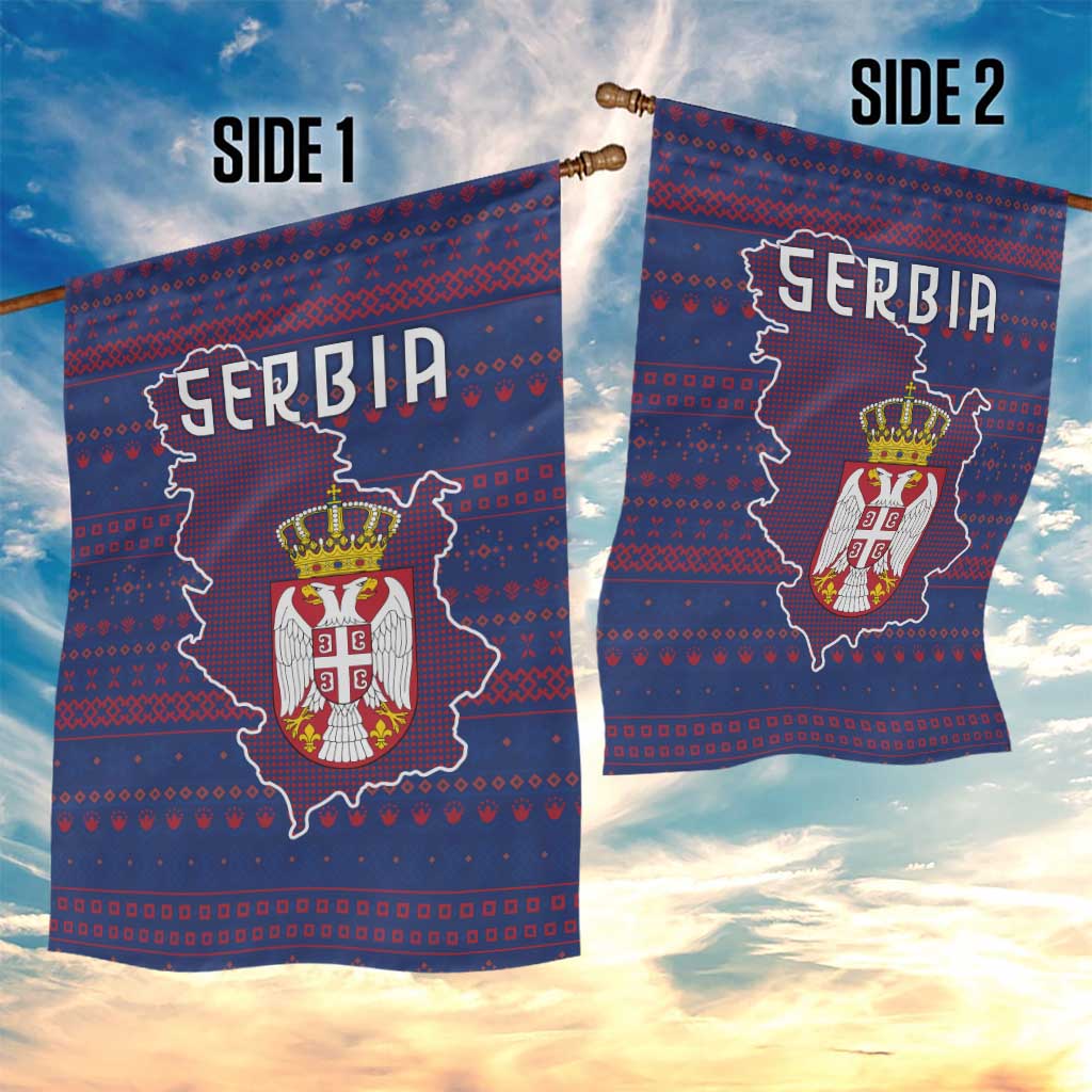 Serbia Garden Flag with National Map and Coat of Arms Design in Blue Red Pattern
