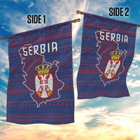 Serbia Garden Flag with National Map and Coat of Arms Design in Blue Red Pattern
