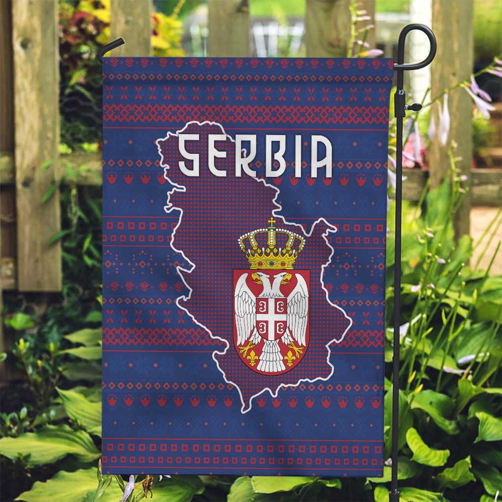 Serbia Garden Flag with National Map and Coat of Arms Design in Blue Red Pattern