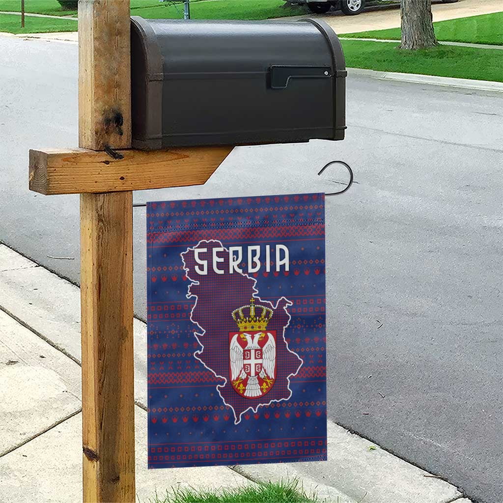 Serbia Garden Flag with National Map and Coat of Arms Design in Blue Red Pattern