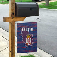Serbia Garden Flag with National Map and Coat of Arms Design in Blue Red Pattern