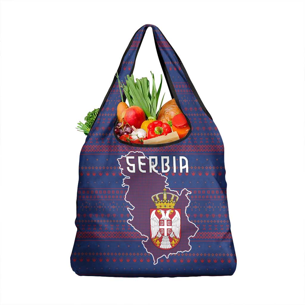 Serbia Grocery Bag with National Map and Coat of Arms Design in Blue Red Pattern