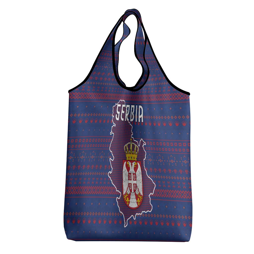Serbia Grocery Bag with National Map and Coat of Arms Design in Blue Red Pattern