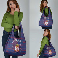 Serbia Grocery Bag with National Map and Coat of Arms Design in Blue Red Pattern