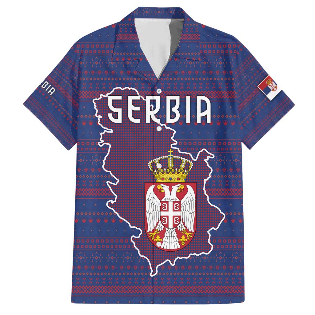 Serbia Hawaiian Shirt with National Map and Coat of Arms Design in Blue Red Pattern