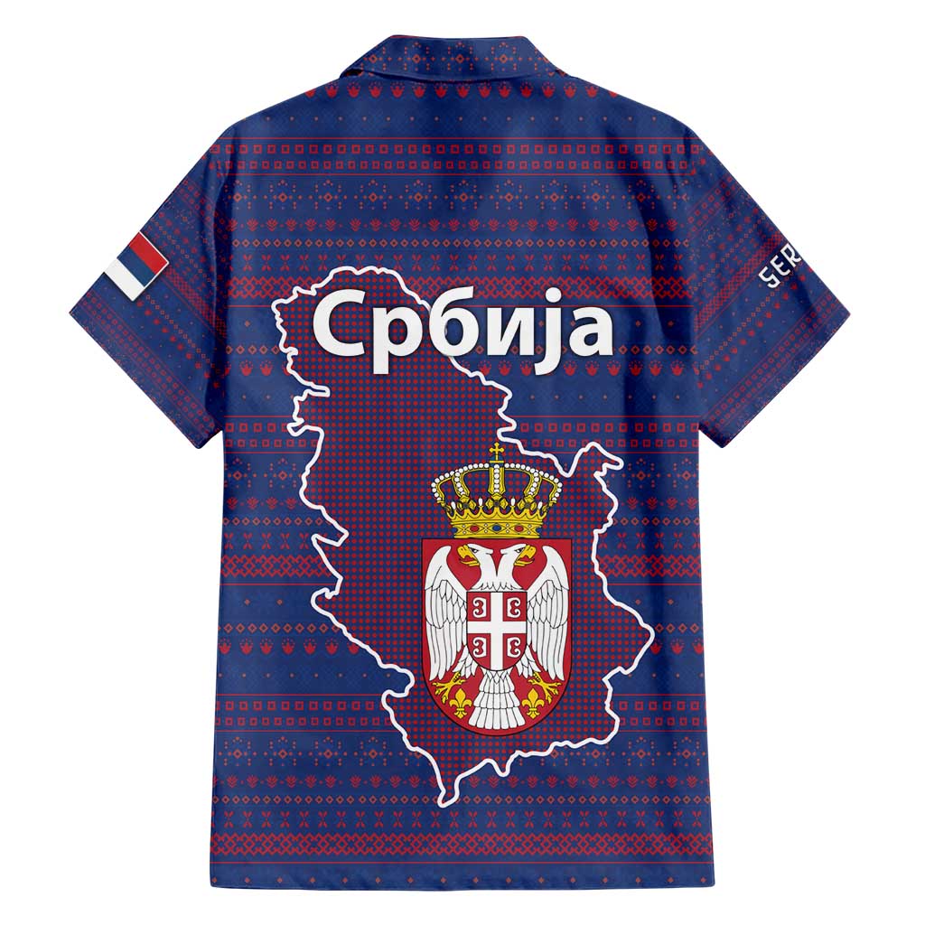 Serbia Hawaiian Shirt with National Map and Coat of Arms Design in Blue Red Pattern
