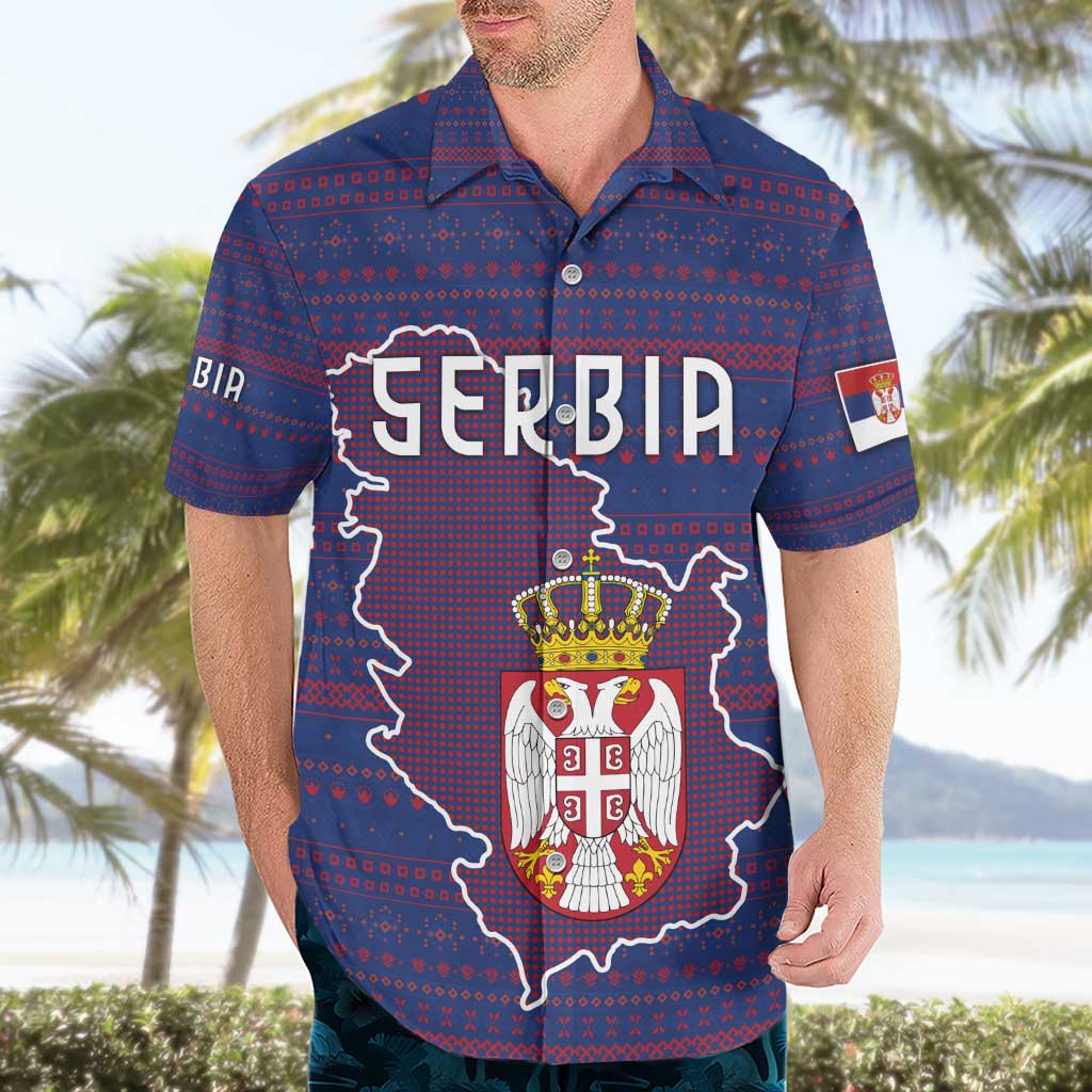Serbia Hawaiian Shirt with National Map and Coat of Arms Design in Blue Red Pattern