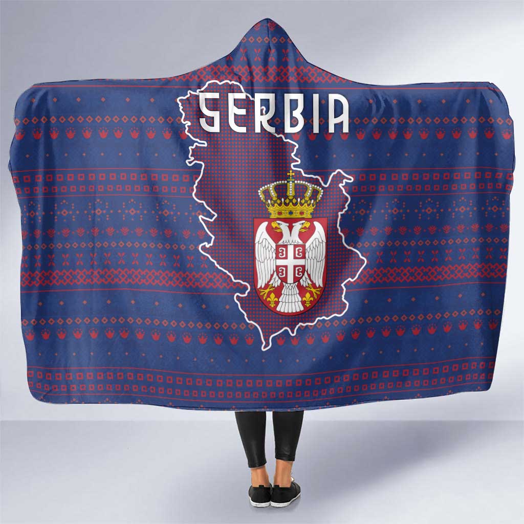 Serbia Hooded Blanket with National Map and Coat of Arms Design in Blue Red Pattern