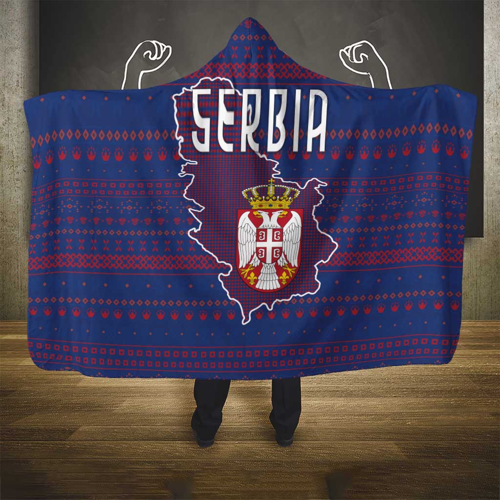 Serbia Hooded Blanket with National Map and Coat of Arms Design in Blue Red Pattern