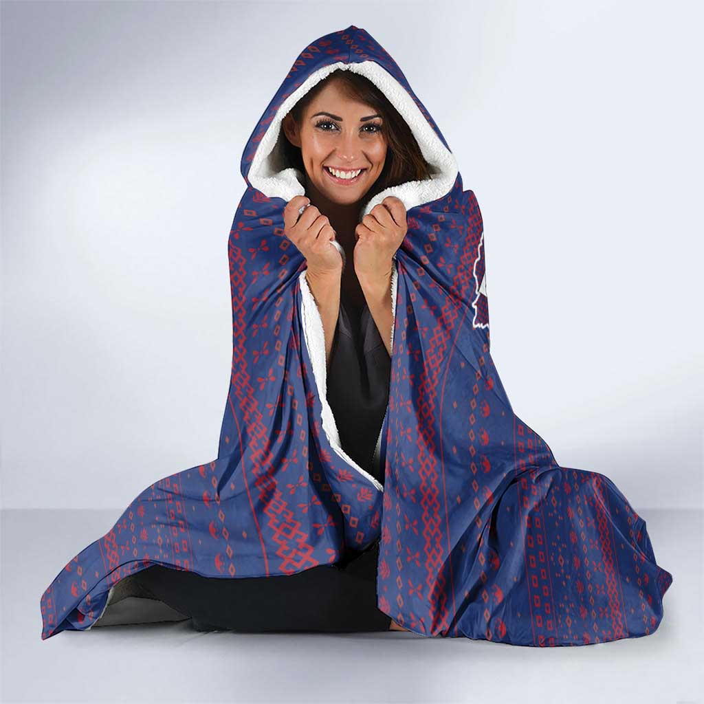 Serbia Hooded Blanket with National Map and Coat of Arms Design in Blue Red Pattern