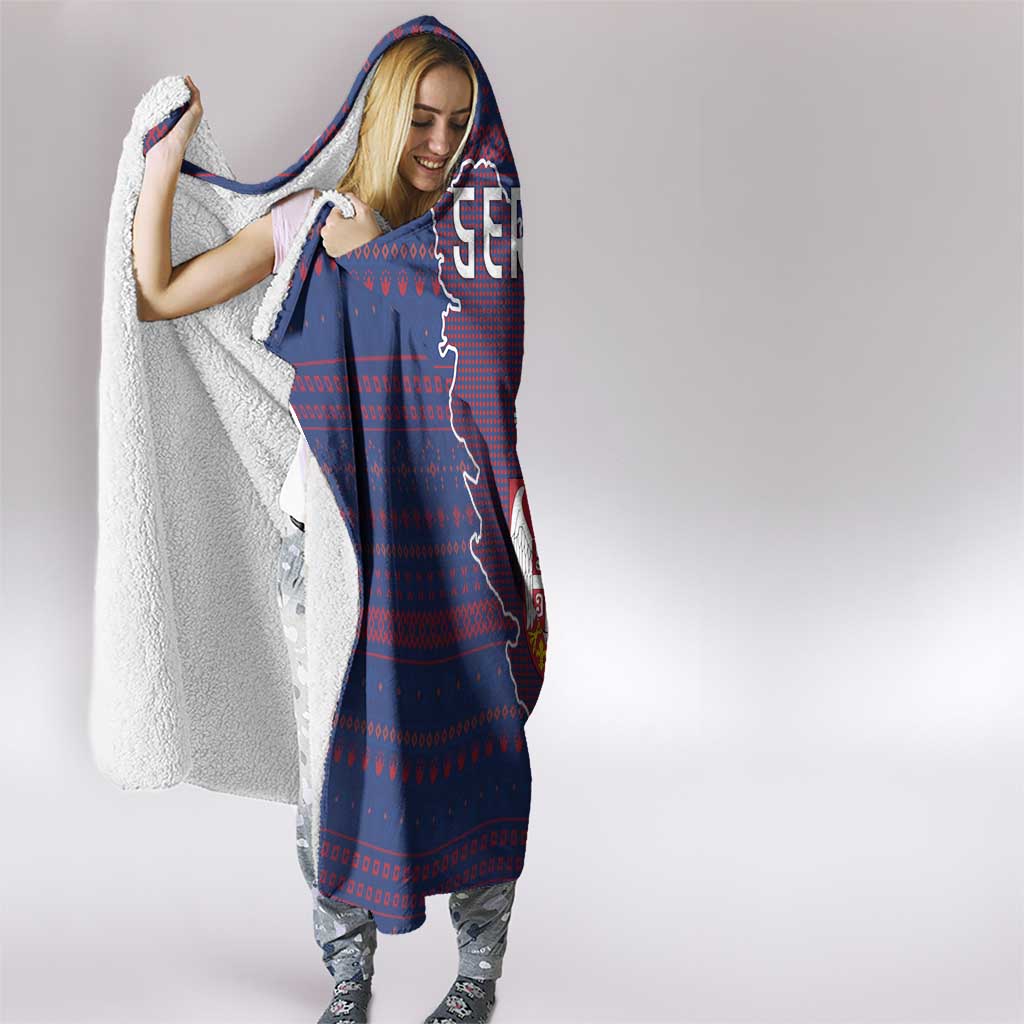 Serbia Hooded Blanket with National Map and Coat of Arms Design in Blue Red Pattern