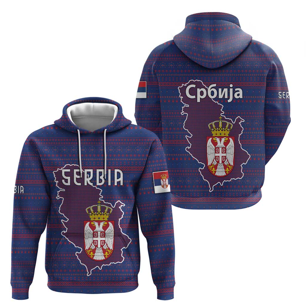 Serbia Hoodie with National Map and Coat of Arms Design in Blue Red Pattern
