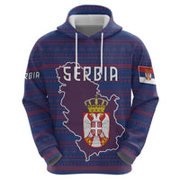 Serbia Hoodie with National Map and Coat of Arms Design in Blue Red Pattern