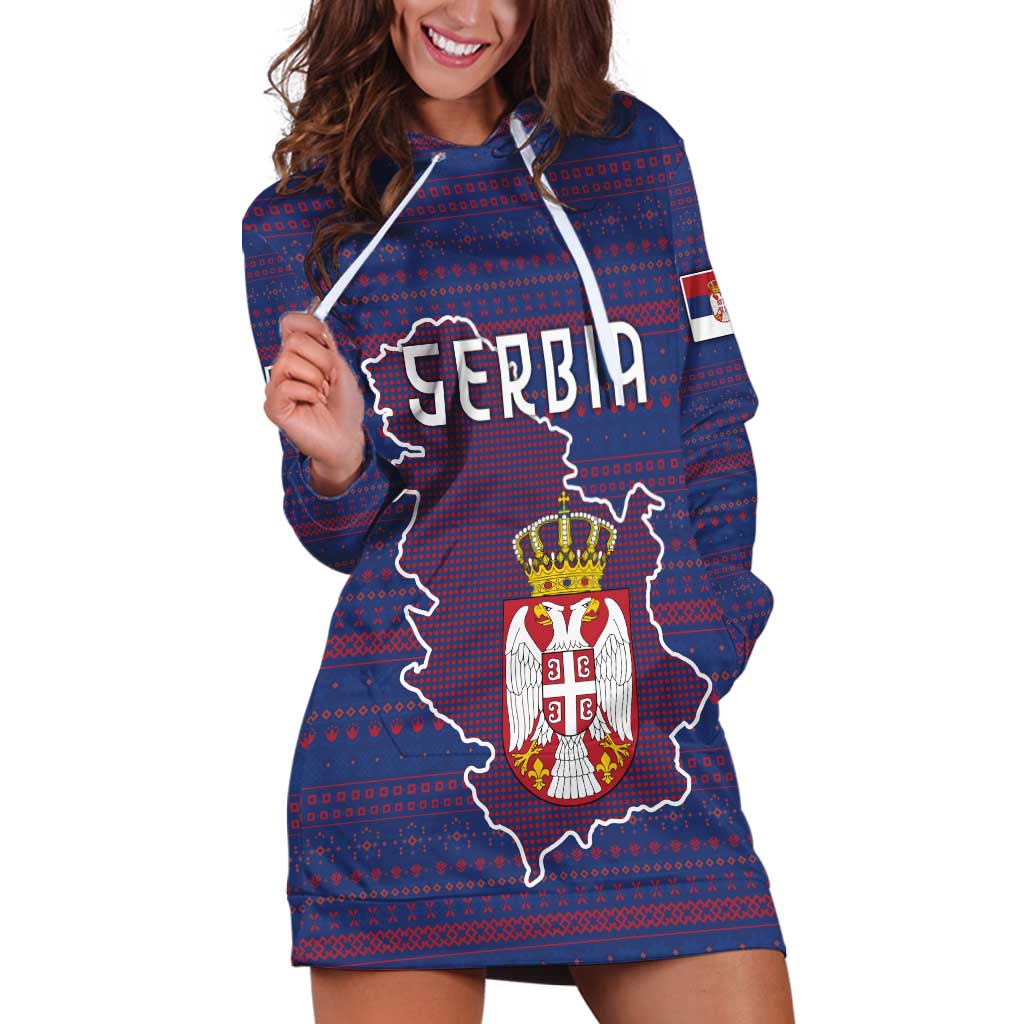 Serbia Hoodie Dress with National Map and Coat of Arms Design in Blue Red Pattern