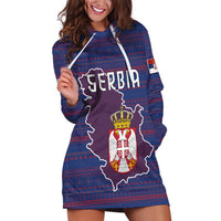 Serbia Hoodie Dress with National Map and Coat of Arms Design in Blue Red Pattern