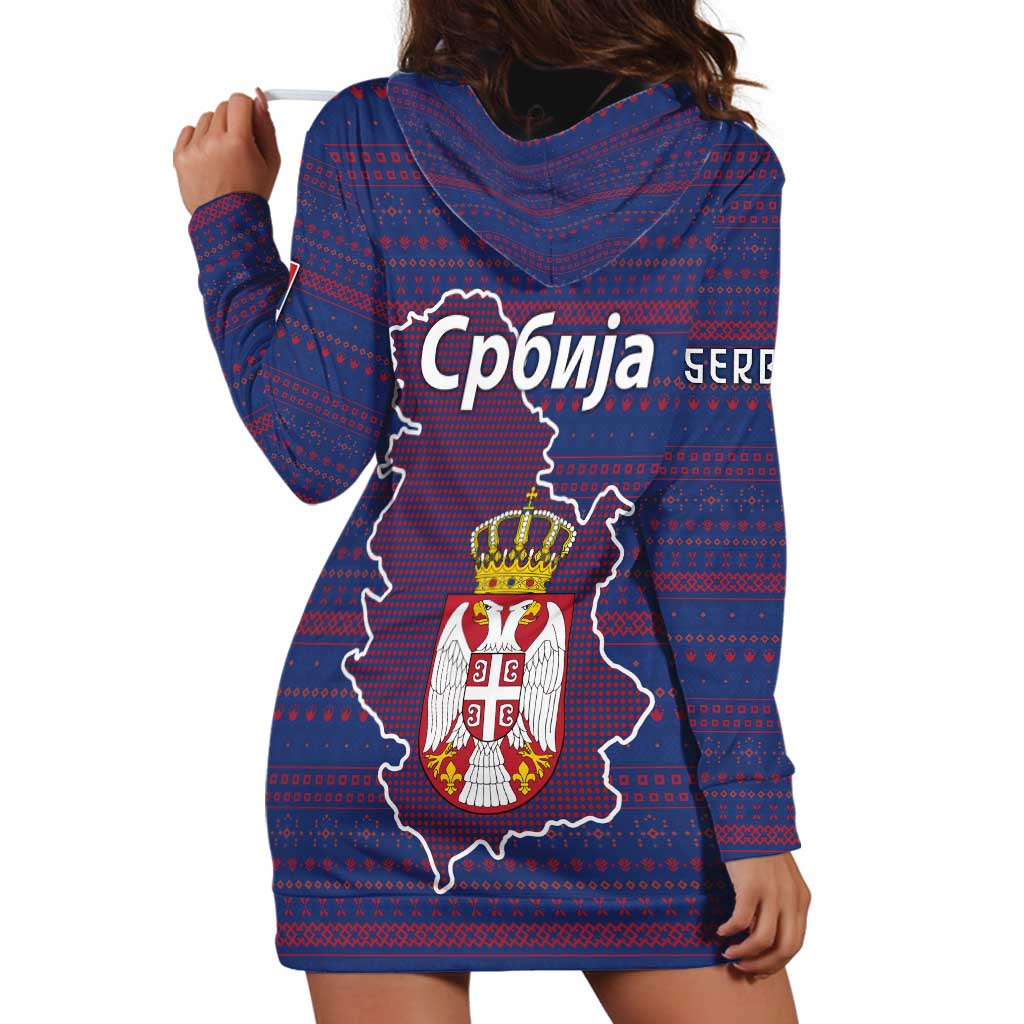 Serbia Hoodie Dress with National Map and Coat of Arms Design in Blue Red Pattern