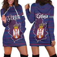 Serbia Hoodie Dress with National Map and Coat of Arms Design in Blue Red Pattern
