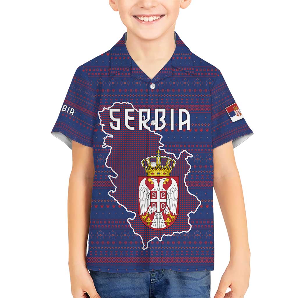 Serbia Kid Hawaiian Shirt with National Map and Coat of Arms Design in Blue Red Pattern