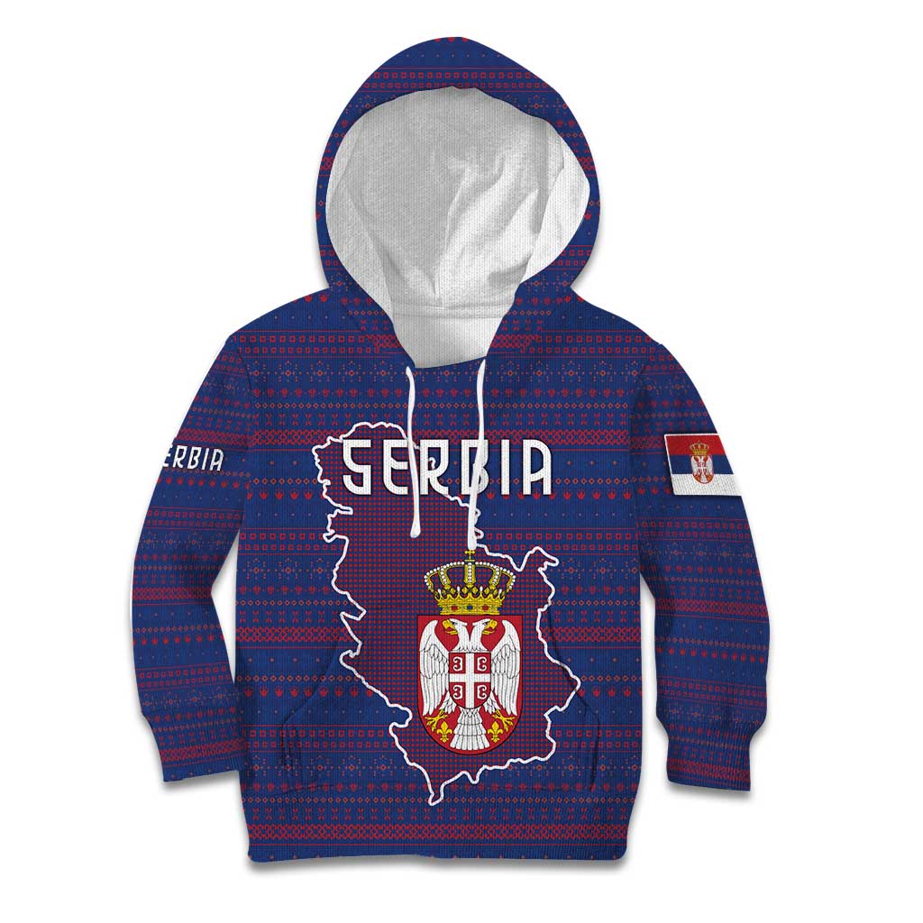 Serbia Kid Hoodie with National Map and Coat of Arms Design in Blue Red Pattern