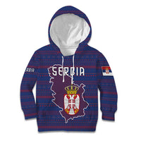 Serbia Kid Hoodie with National Map and Coat of Arms Design in Blue Red Pattern