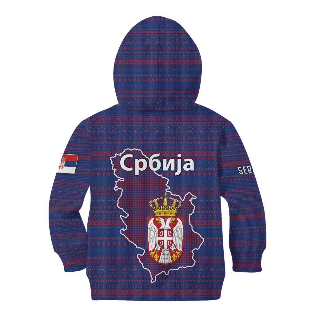Serbia Kid Hoodie with National Map and Coat of Arms Design in Blue Red Pattern