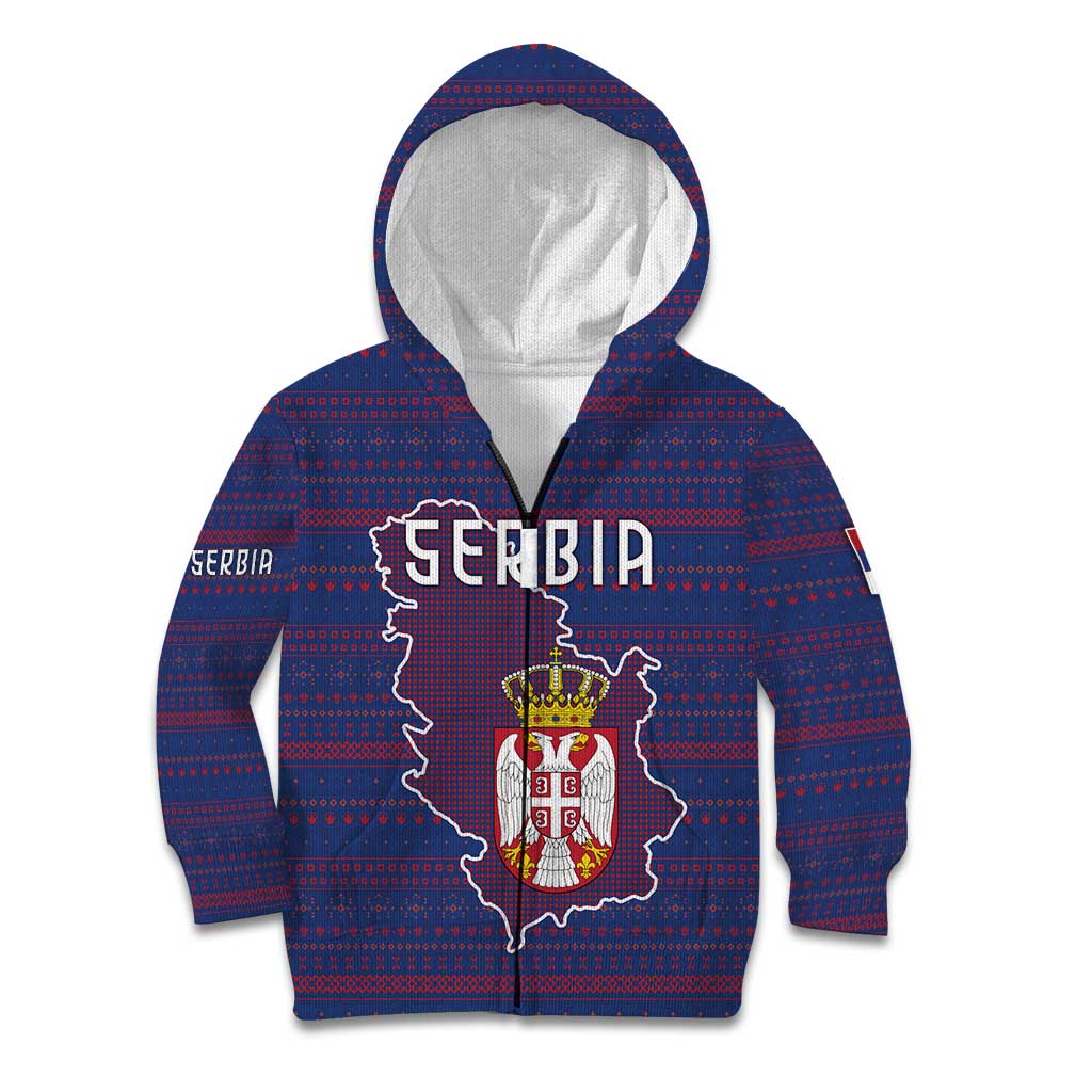 Serbia Kid Hoodie with National Map and Coat of Arms Design in Blue Red Pattern