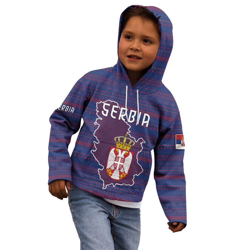 Serbia Kid Hoodie with National Map and Coat of Arms Design in Blue Red Pattern
