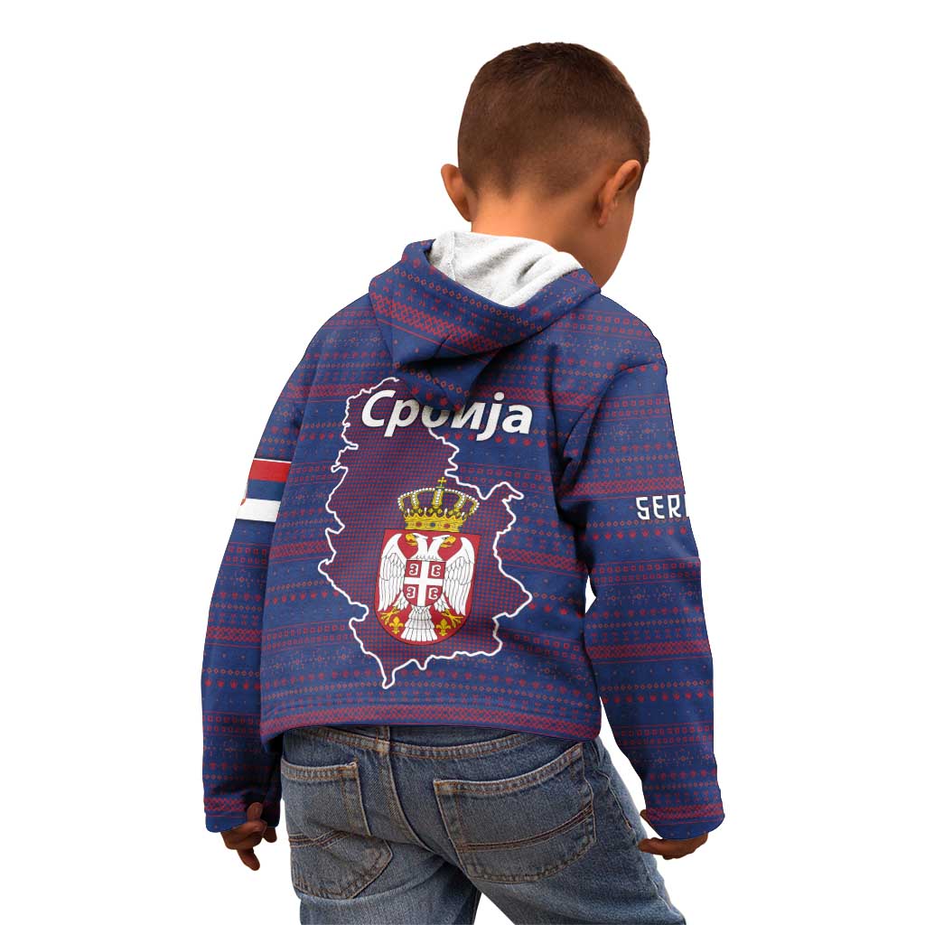 Serbia Kid Hoodie with National Map and Coat of Arms Design in Blue Red Pattern