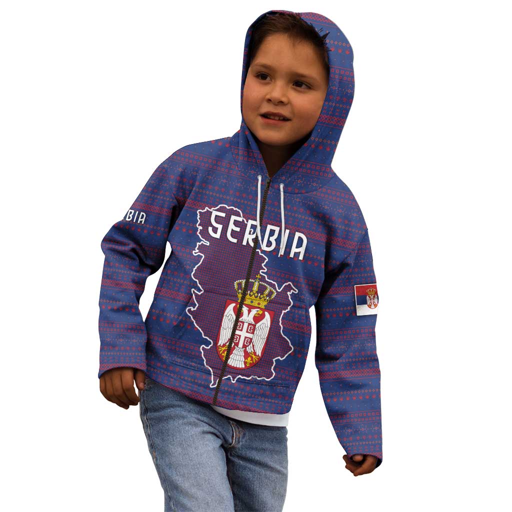 Serbia Kid Hoodie with National Map and Coat of Arms Design in Blue Red Pattern