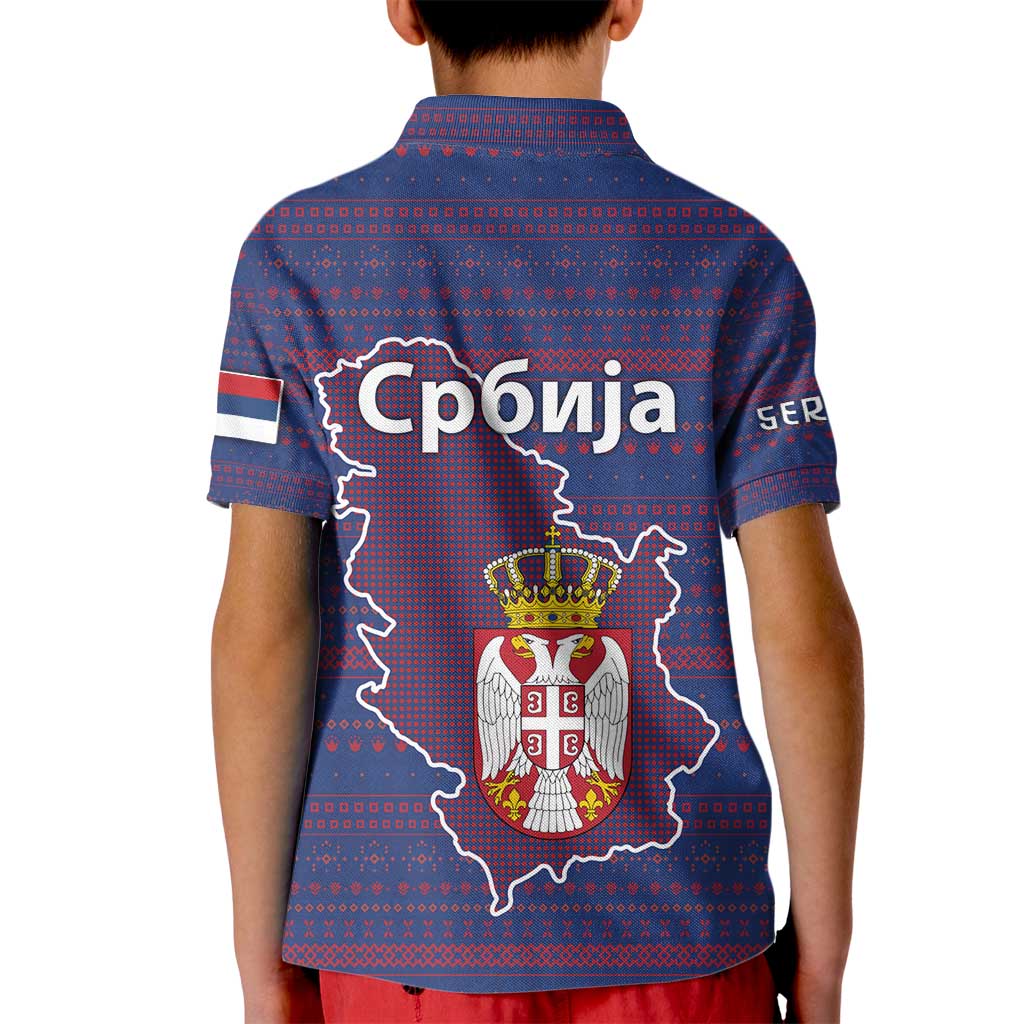 Serbia Kid Polo Shirt with National Map and Coat of Arms Design in Blue Red Pattern
