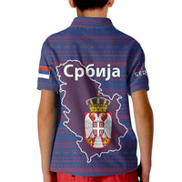 Serbia Kid Polo Shirt with National Map and Coat of Arms Design in Blue Red Pattern