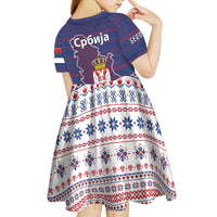 Serbia Kid Short Sleeve Dress with National Map and Coat of Arms Design in Blue Red Pattern