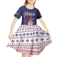 Serbia Kid Short Sleeve Dress with National Map and Coat of Arms Design in Blue Red Pattern
