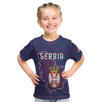 Serbia Kid T Shirt with National Map and Coat of Arms Design in Blue Red Pattern