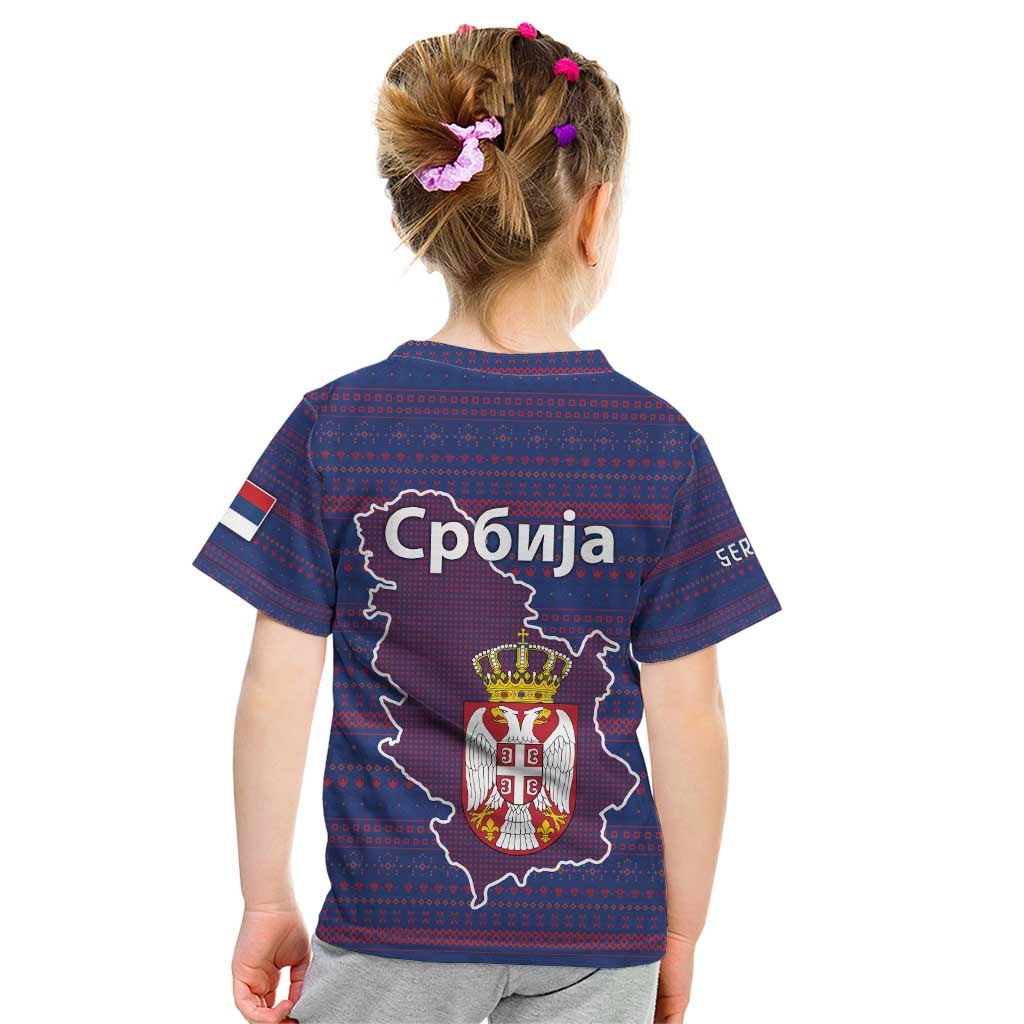 Serbia Kid T Shirt with National Map and Coat of Arms Design in Blue Red Pattern