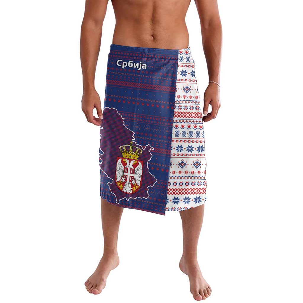 Serbia Lavalava with National Map and Coat of Arms Design in Blue Red Pattern