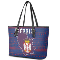 Serbia Leather Tote Bag with National Map and Coat of Arms Design in Blue Red Pattern