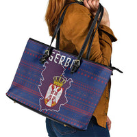 Serbia Leather Tote Bag with National Map and Coat of Arms Design in Blue Red Pattern