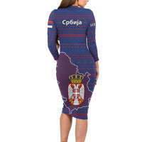 Serbia Long Sleeve Bodycon Dress with National Map and Coat of Arms Design in Blue Red Pattern