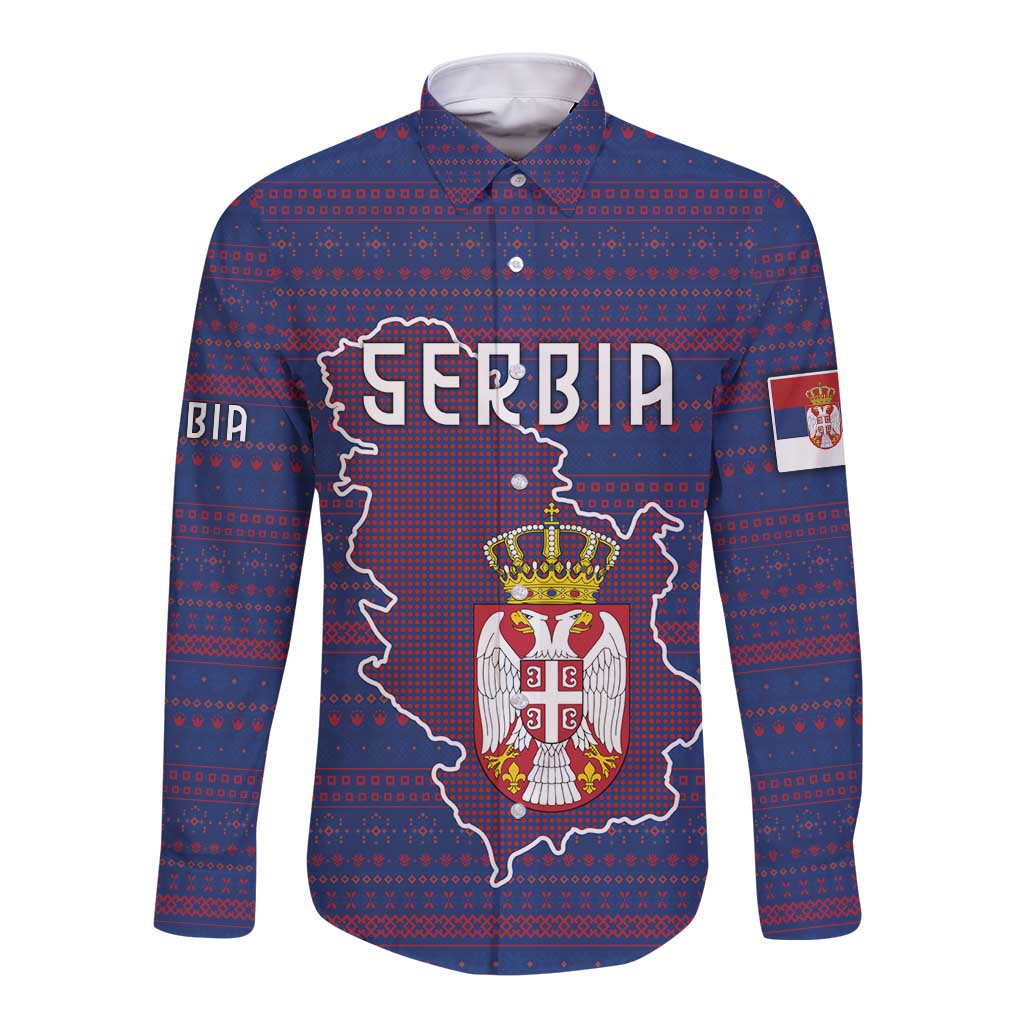 Serbia Long Sleeve Button Shirt with National Map and Coat of Arms Design in Blue Red Pattern