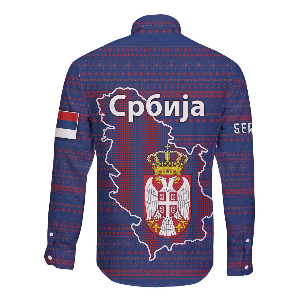 Serbia Long Sleeve Button Shirt with National Map and Coat of Arms Design in Blue Red Pattern