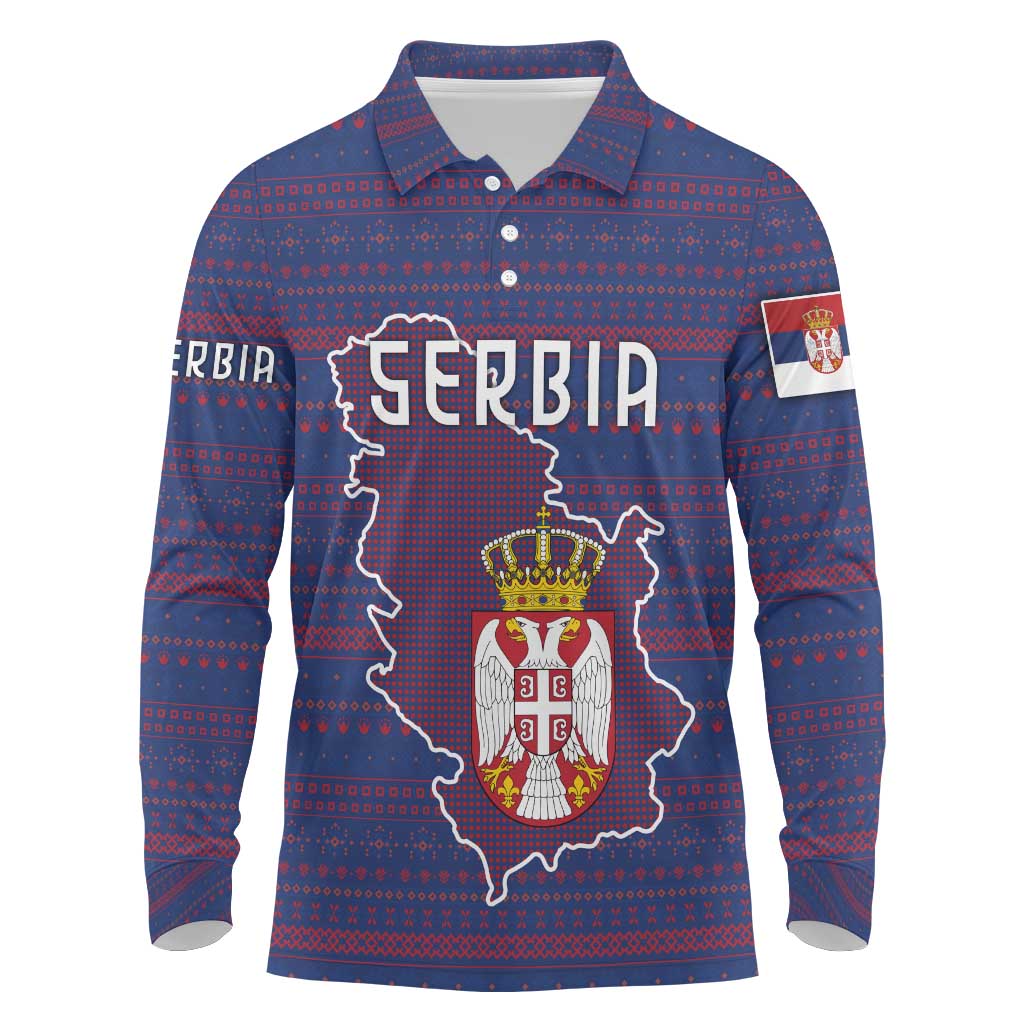 Serbia Long Sleeve Polo Shirt with National Map and Coat of Arms Design in Blue Red Pattern