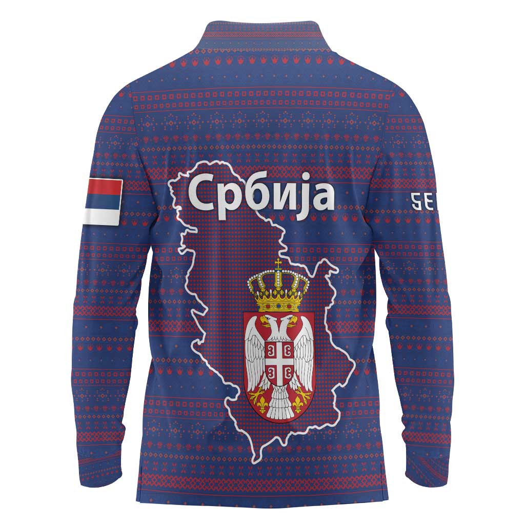 Serbia Long Sleeve Polo Shirt with National Map and Coat of Arms Design in Blue Red Pattern