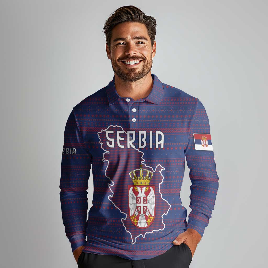 Serbia Long Sleeve Polo Shirt with National Map and Coat of Arms Design in Blue Red Pattern