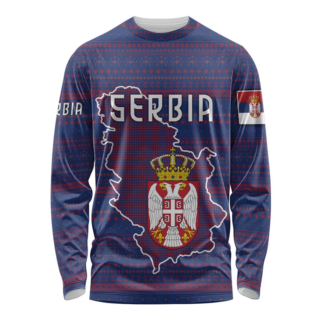 Serbia Long Sleeve Shirt with National Map and Coat of Arms Design in Blue Red Pattern