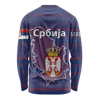 Serbia Long Sleeve Shirt with National Map and Coat of Arms Design in Blue Red Pattern