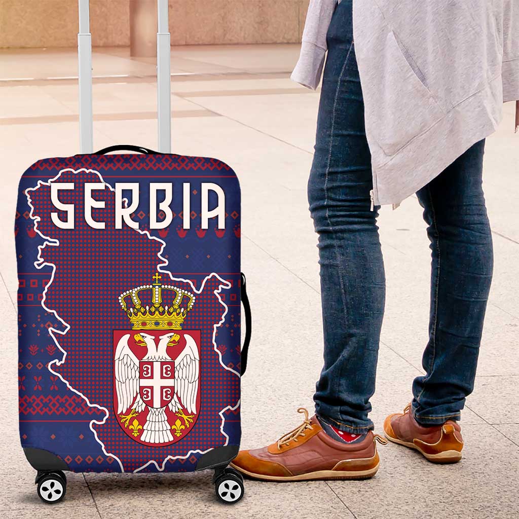 Serbia Luggage Cover with National Map and Coat of Arms Design in Blue Red Pattern
