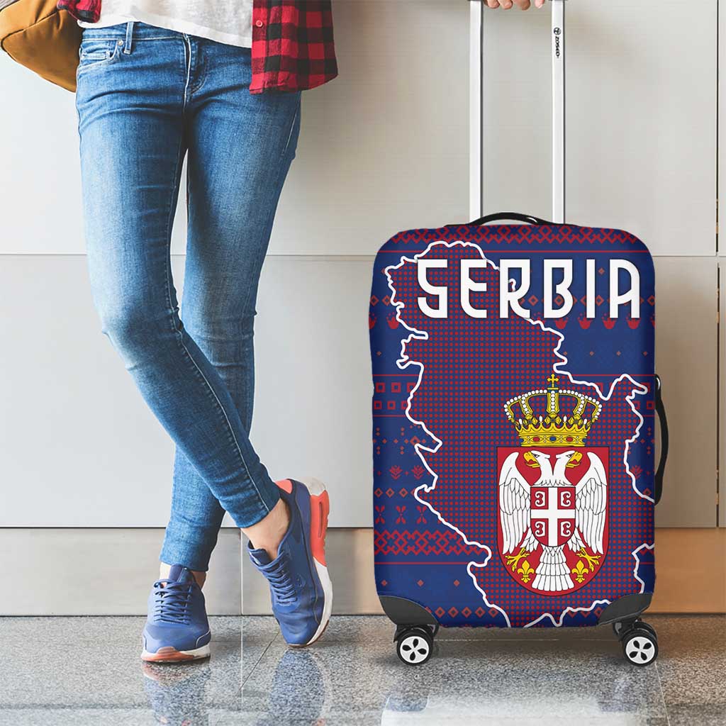 Serbia Luggage Cover with National Map and Coat of Arms Design in Blue Red Pattern