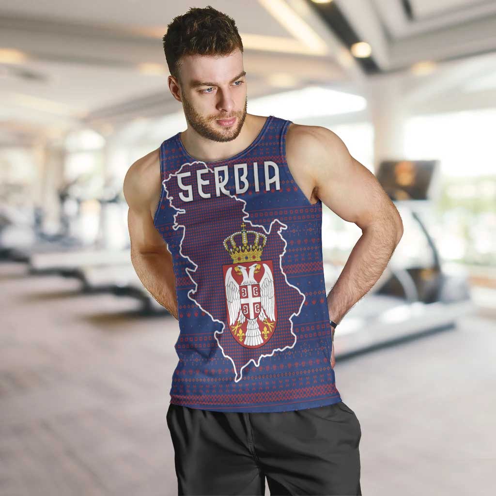 Serbia Men Tank Top with National Map and Coat of Arms Design in Blue Red Pattern