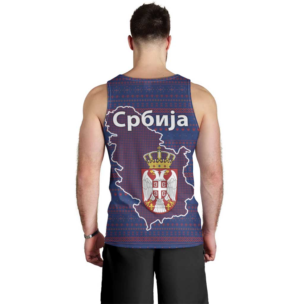 Serbia Men Tank Top with National Map and Coat of Arms Design in Blue Red Pattern